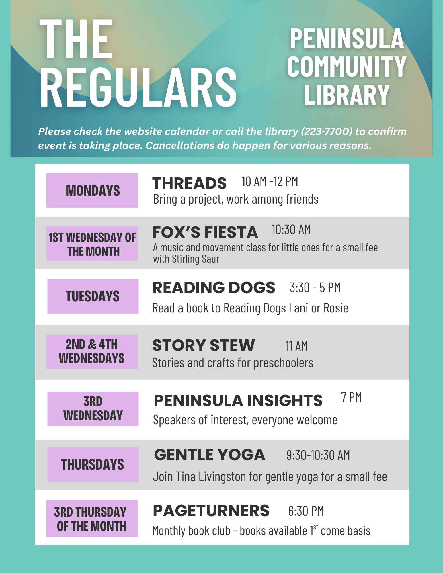 Regular events at PCL